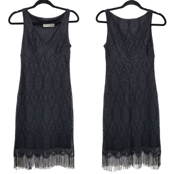80s Necessary Objects Flapper Dress S Black Midi Lace Overlay Scallop Fringe Hem - Picture 1 of 10